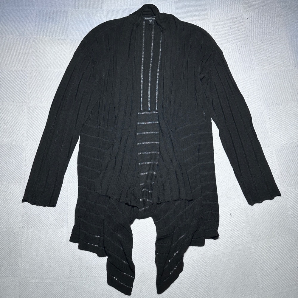 Eileen Fisher Cardigan Womens Large Open Front Draped Hem Black Italian Yarn